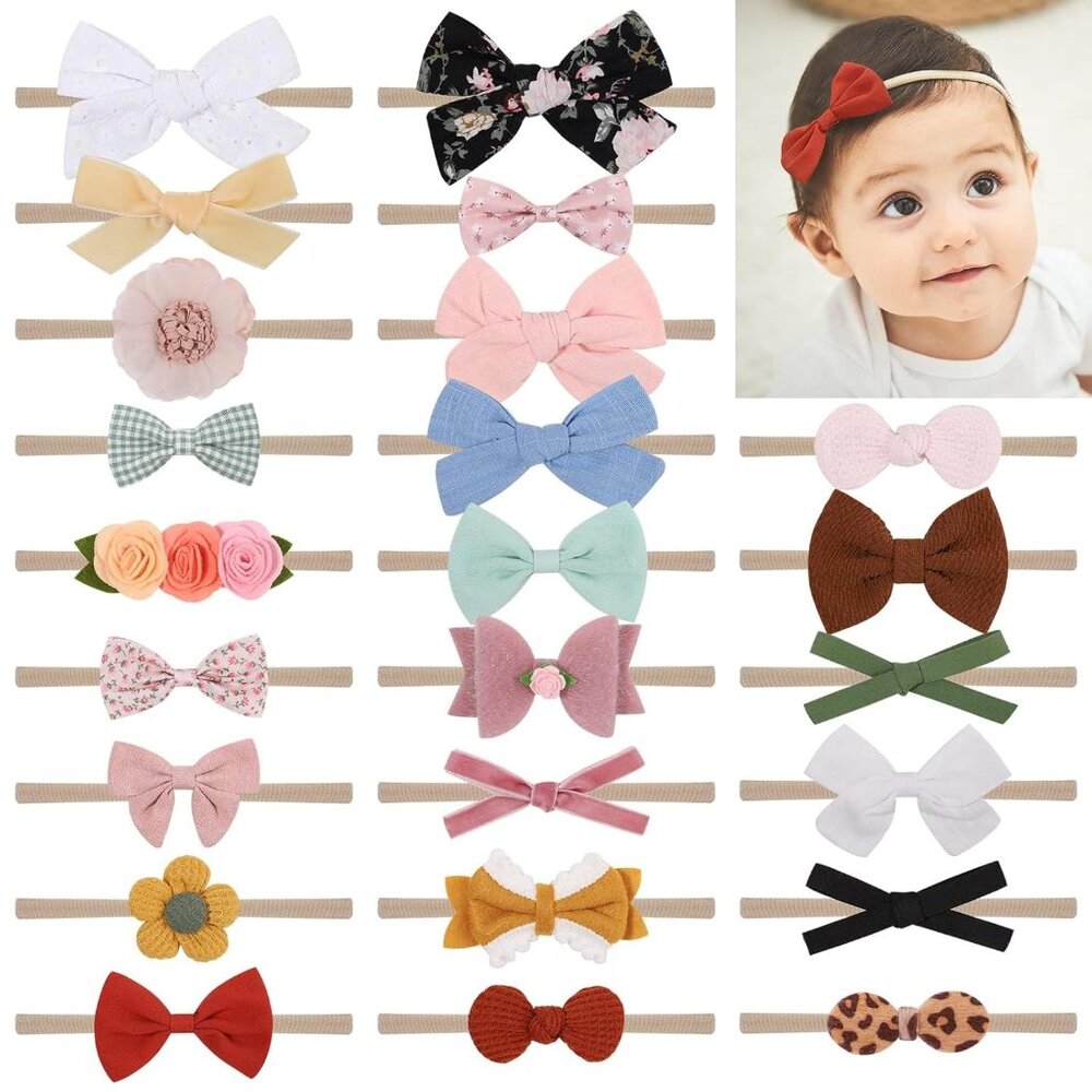 Baby Girl Headbands 24PCS Nylon Linen Handmade Hairbands with Hair Bows and Acce